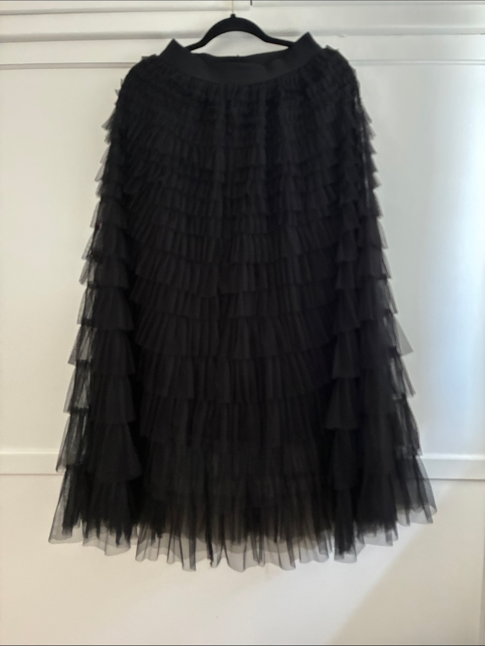 Black Layered Tulle Midi Skirt - Women's Elegant Ruffle Skirt